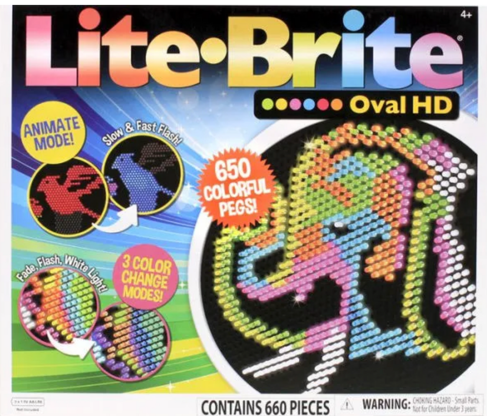 It's art with light! This timeless classic is back with more fun than ever!  Includes a removable storage tray and a ton of different-shaped pegs. Lite- Brite 